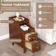 Narrow solid wood bedside table in brown with pull-out tray and 2 storage drawers for organized bedroom essentials.