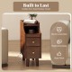 Narrow brown solid wood end table with pull-out tray and two storage drawers, perfect for bedside organization.
