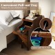 Solid wood end table in brown with pull-out tray, 2 storage drawers, and built-in cable hole for electronics.