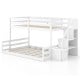 Twin over full low bunk bed in white with storage stairs and compartments, ideal for kids' rooms and dorms.