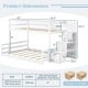 Twin over full low bunk bed with storage stairs in white, featuring solid wood frame and safety guardrails for kids'.