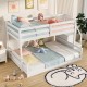 Low-profile solid wood twin over full bunk bed in white with storage stairs and open compartments for kids' room.