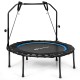 40-inch foldable fitness rebounder with resistance bands, sturdy steel frame, and adjustable handrail for home exercise.