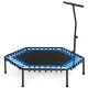 Mini fitness trampoline with adjustable handlebar, durable PP mat, and 42 bungee cords for stable, quiet workouts.