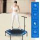 Mini fitness trampoline with adjustable bar, sturdy iron structure, and 42 bungee cords for silent, high-elasticity.