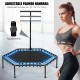 51" mini fitness trampoline with adjustable foamed handrail, sturdy bungee cords, and durable PP jumping mat for indoor.