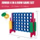 Jumbo 4-in-a-row game set with 42 rings in red, blue, and yellow, ideal for outdoor parties and improving motor skills.