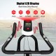 Close-up of the adjustable exercise bicycle's digital LCD display showing speed, time, distance, and pulse for fitness.