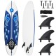 6-foot surf foam board with blue design, durable foam top, removable fins, ideal for beginner surfers.