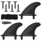 Removable fins set for surfboards, includes screws and leash, designed for 6 feet foam surfboards.