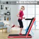 Folding 2-in-1 treadmill in red, featuring a phone holder and remote control for walking or running at adjustable.