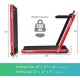 Folding treadmill in red with dimensions 49" x 27" x 42", features remote control and under-desk functionality.