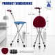 Lightweight adjustable folding cane seat with light-blue top, ergonomic handle, and dimensions for easy storage and use.