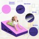 Incline gymnastics mat in pink and purple with waterproof PVC surface, EPE foam, and zipper design for easy maintenance.