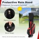 Red golf stand cart bag with 6 way divider, 7 pockets, and protective rain hood for waterproof and sun-proof storage.