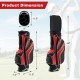 Golf stand cart bag in red with 6-way divider and 7 pockets, featuring adjustable straps for easy carrying.