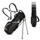 9-inch golf stand bag with 7-way divider, adjustable straps, and multiple pockets for secure storage and comfort.