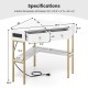 Triangle corner desk in white with two drawers, storage shelf, and charging station, ideal for compact spaces.