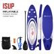 Adjustable 11-foot inflatable paddle board in blue with carry bag, paddle, fin, and pump for versatile water activities.