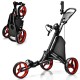 Folding 3 wheels golf push cart in red with adjustable handle, featuring ball bearing wheels and compact folding design.