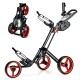 Folding 3 wheels golf push cart in red with adjustable handle, brake mechanism, and lightweight aluminum frame for easy.