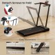 Folding treadmill with a large desk and LCD display, featuring easy storage with 4.7" thickness and built-in wheels.