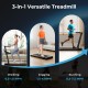 3-in-1 folding treadmill showcasing walking, jogging, and running modes with a large desk and LCD display for versatile.