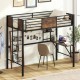 Twin loft bed with safety guardrail, built-in desk, and storage space, perfect for maximizing small areas.