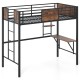Twin loft bed with safety guardrail, built-in desk, and ladder, featuring a coffee finish for space-saving solutions.