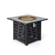 Square propane fire pit table with lava rocks, adjustable flame, and PVC cover for outdoor patio use.
