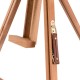 Close-up of the foldable wood tripod sketching easel with adjustable height and leather handle for easy portability.
