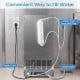 Stainless steel commercial ice maker back view showing water inlet hose with filter and drain hose for easy setup.