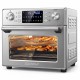 Stainless steel countertop convection oven with 26 QT capacity, showcasing pizza and chicken, ideal for family meals.