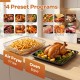 Stainless steel countertop convection oven with 14 cooking modes, showcasing air fryer fries and a roasted chicken.