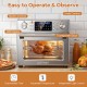 Stainless steel countertop convection oven with LED display, 26 QT capacity, and rotisserie fork for versatile cooking.