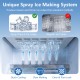 Stainless steel spray ice maker showcasing the unique spray ice making system for clearer, firmer ice cubes.