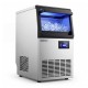 Stainless steel ice maker with 30 lbs storage capacity, producing 80 lbs daily, featuring a blue interior light.
