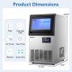 Stainless steel ice maker with control panel, 30 lbs storage capacity, and dimensions for efficient under-counter use.