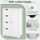 Close-up of the white wooden cabinet featuring four slatted drawers and a door cabinet, ideal for organized storage.