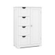 Standing indoor wooden cabinet in white with 4 slatted drawers and 1 door cabinet, ideal for bathroom or bedroom.