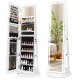 Standing jewelry cabinet in white with adjustable LED lights, featuring a full-length mirror and organized storage for.
