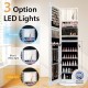 Standing jewelry cabinet in white with adjustable LED lights, featuring a full-length mirror and organized storage.