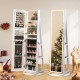Standing jewelry cabinet with adjustable LED lights, featuring a full-length mirror and organized storage for jewelry.