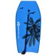 Bright blue bodyboard with palm tree design, featuring an EPS core and leash for safe surfing adventures.