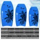Three blue bodyboards with palm tree design, featuring EPS core and XPE deck, ideal for water sports and surfing.