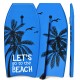 Bright blue bodyboard with palm tree design, featuring durable EPS core and leash for safe surfing adventures.
