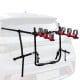 Foldable 3-bike trunk mount bike rack in black, made of carbon steel, designed for hatchbacks, sedans, and SUVs.