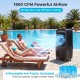 Swamp cooler with 1800 CFM airflow, 7-gallon tank, and 4 ice packs for efficient cooling by the poolside.
