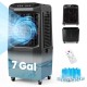 Swamp cooler with 7-gallon detachable water tank, 1800 CFM airflow, and remote control for efficient cooling.
