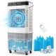 Swamp cooler with 2100 CFM airflow, 7.2 Gal water tank, and 4 ice packs for efficient cooling in any space.
